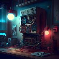 3D rendering of an old radio in a dark room with lights, Image photo