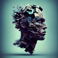 3d illustration of a human head made of many cubes. 3d rendering, Image photo