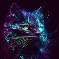 Neon portrait of a cat on a black background. illustration., Image photo