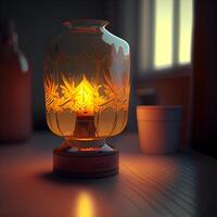Lantern on the table in dark room. 3D rendering, Image photo