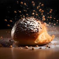 Freshly baked homemade bread sprinkled with flour on a black background., Image photo