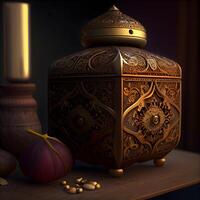3D illustration of a wooden chest with a basketball ball and a candle, Image photo