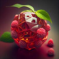 Red dice and raspberries on a dark background. 3d illustration, Image photo