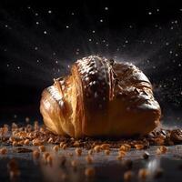 Freshly baked buns sprinkled with powdered sugar on a black background, Image photo