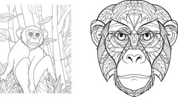 A monkey and a monkey face are drawn in black and white vector