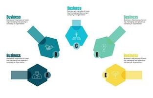 Infographic template for business information presentation. Vector hexagon and geometric elements. Modern step workflow diagrams. Report plan 5 topics