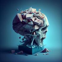 roto humano cerebro en azul antecedentes. 3d hacer ilustración., ai generativo imagen foto