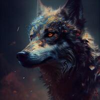 Portrait of a wolf with fire and smoke. Digital painting., Image photo