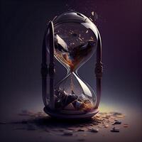 Hourglass with broken glass on dark background. 3D illustration., Image photo