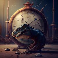 Fantasy scene with dragon and antique clock. 3d illustration., Image photo
