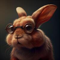 Cute rabbit with glasses on dark background. 3D illustration., Image photo