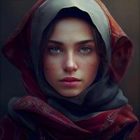 Portrait of a beautiful girl in a red shawl., Image photo