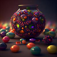 3d illustration of colorful glass balls in vase over dark background, Image photo