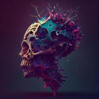 Human skull with colorful splashes. 3d render. illustration., Image photo