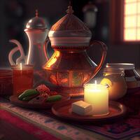 Still life with teapot and candles. 3D illustration., Image photo