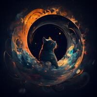 Cat in a circle of fire and smoke. 3D illustration., Image photo