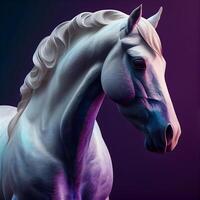 White horse portrait on a purple background. Digital painting. 3d rendering, Image photo