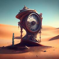 Clásico reloj en el desierto. 3d prestar. hora concepto, ai generativo imagen foto