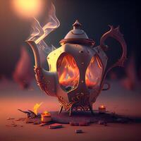 Teapot with a burning flame on a dark background. 3d rendering, Image photo