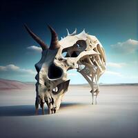 Skull of a goat with horns in the desert. 3d render, Image photo