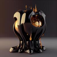 3d render of black metal sculpture with black paint splash on dark background, Image photo