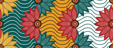 African ethnic traditional pattern. seamless beautiful Kitenge, chitenge, Ankara style. fashion design in colorful. red, green, yellow flower motif. Curvy Wave Ankara prints, African wax prints vector