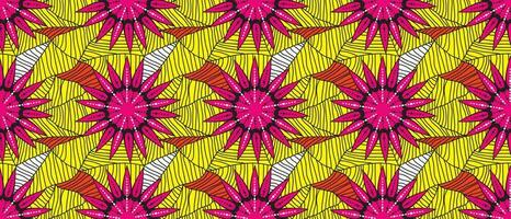 africano étnico amarillo modelo. sin costura hermosa cometa, Chitenge, ankara estilo. Moda diseño en vistoso. geométrico triángulo resumen motivo. rosado floral flores, africano cera huellas dactilares vector