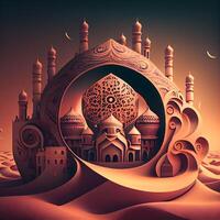 Illustration of Eid Mubarak background with mosque in paper cut style., Image photo