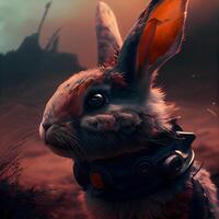 rabbit with gas mask on the background of a burning forest., Image photo