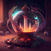 Magic crystal ball with magic potion. Halloween background. 3D rendering, Image photo