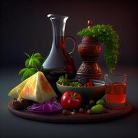 Composition with jug and glass of tomato juice on dark background., Image photo