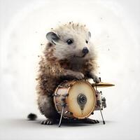 Hedgehog playing a drum on a white background. 3D illustration, Image photo