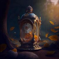 Vintage clock with autumn leaves on dark background. 3d render, Image photo