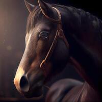 Portrait of a bay horse in the dark. Digital painting., Image photo