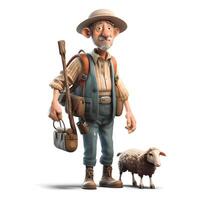 Old farmer with sheep isolated on white background. 3d illustration., Image photo