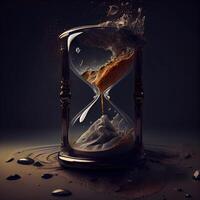 Hourglass with flowing sand on dark background. Concept of time and deadline, Image photo