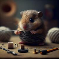 Hamster with a rope and tools on a wooden table. Vintage style., Image photo