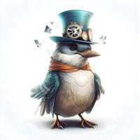 Cute bird in a hat with a clock and a bow tie, Image photo