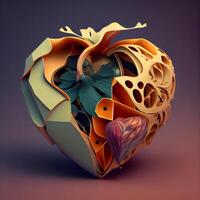 3d representación de un resumen corazón hecho de papel en un oscuro fondo, ai generativo imagen foto