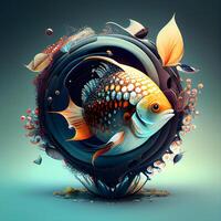 Abstract 3D illustration of a fish in a sphere of water., Image photo