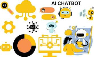 AI chat service using Customer having Dialog with Chat Bot on Smartphone. Man Character Chatting with Robot. Artificial Intelligence and AI Chatbot in Marketing Concept. vector