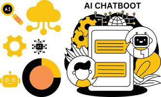 AI chat service using Customer having Dialog with Chat Bot on Smartphone. Man Character Chatting with Robot. Artificial Intelligence and AI Chatbot in Marketing Concept. vector