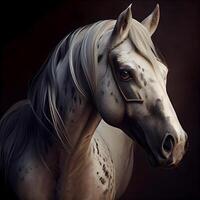 portrait of a beautiful white stallion with long mane on a dark background, Image photo