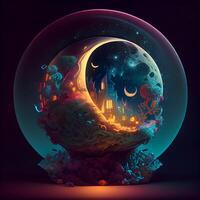 Abstract planet in the form of a crescent. 3D illustration., Image photo