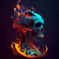 Skull with fire flames on dark background. 3d illustration., Image photo