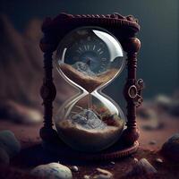 Hourglass with sand and mountains in the background. 3d rendering, Image photo