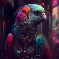Colorful macaw parrot in a cage at night. Fantasy illustration., Image photo