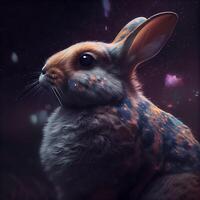 Rabbit in a space with stars and nebula. 3d rendering, Image photo