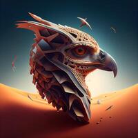 3d rendering of an eagle head in the desert with birds flying around, Image photo