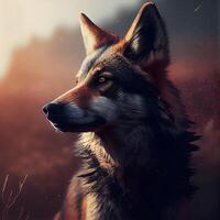 Portrait of a wolf in the rays of the setting sun., Image photo